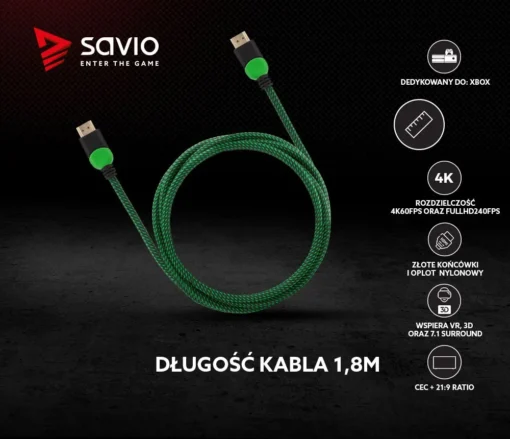 Savio Cable HDMI GCL-03 1.8m, v2.0, braid green - Image 2