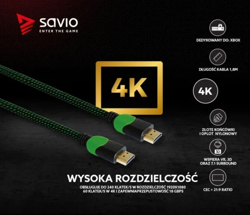 Savio Cable HDMI GCL-03 1.8m, v2.0, braid green - Image 3