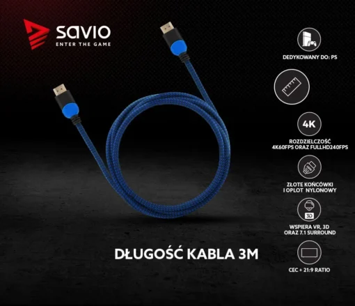 Savio Cable HDMI GCL-05 3m, v2.0, braid blue - Image 2