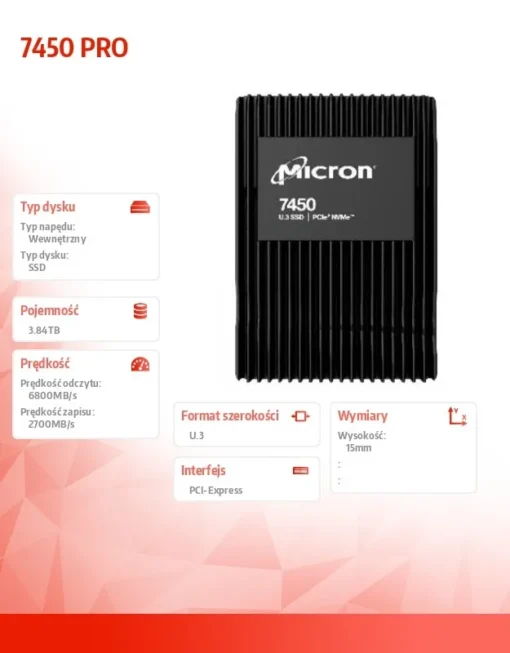 Micron SSD drive 7450 PRO 3840GB NVMe U.3 15mm Single Pack - Image 2