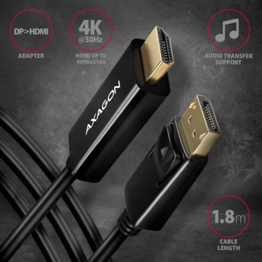 AXAGON DisplayPort > HDMI 1.4 cable 1.8m 4K/30Hz, RVD-HI14C2 - Image 2