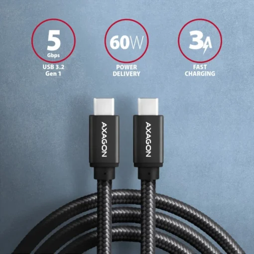 AXAGON AXAGON BUCM3-CM10AB cable USB-C USB-C 3.2 Gen 1, 1m, PD 60W, 3A, ALU, braid, Black - Image 2