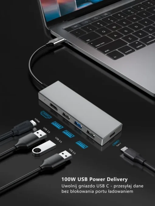 TB Adapter HUB USB C 7in1 - HDMI, USBx3, PD, SD/TF - Image 4