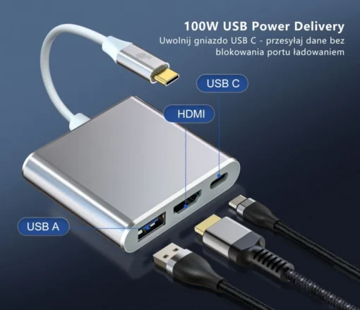 TB Adapter HUB USB C 3w1 - HDMI, USB, PD silver - Image 3