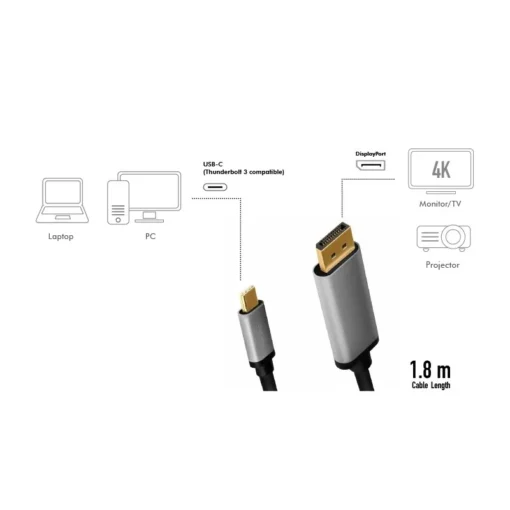 LogiLink USB-C to DP cable, 4K 60Hz, alu, 1.8m - Image 3