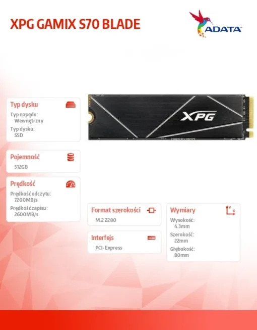 Adata SSD drive XPG GAMIX S70 BLADE 512GB PCIe 4x4 7.2/2.6 GBs - Image 4