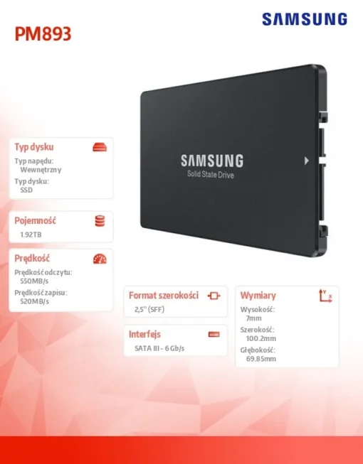 Samsung SSD PM893 DCT 1920GB MZ7L31T9HBLT-00W07 SATA Nazwa EN w MFG: - Image 2