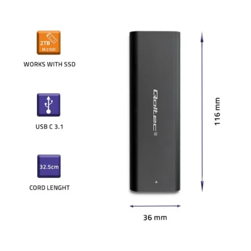 Qoltec Enclosure for M2 SATA SSD, NGFF, USB type C - Image 3