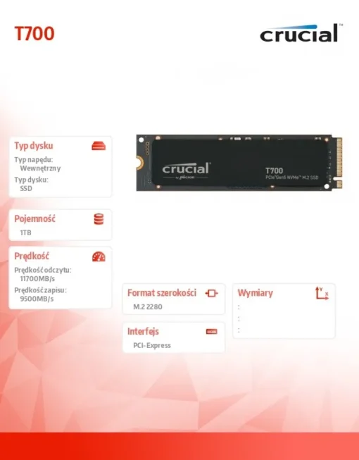 Crucial SSD drive T700 1TB M.2 NVMe 2280 PCIe 5.0 11700/9500 - Image 2