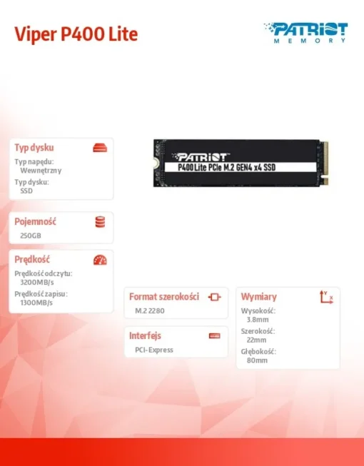 Patriot SSD drive 250GB Viper P400 Lite 3200/1300MB/s PCIe M.2 Gen 4x4 NVMe1.4 - Image 4