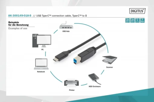 Digitus Connection Cable USB 3.1 Gen.2 SuperSpeed + 10Gbps USB Type C / B M / M Power Delivery, black, 1.8m - Image 3