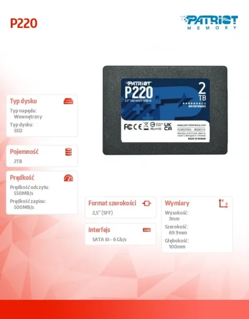 Patriot SSD drive 2TB P220 2.5 inches 550/500MB/s SATA III - Image 2