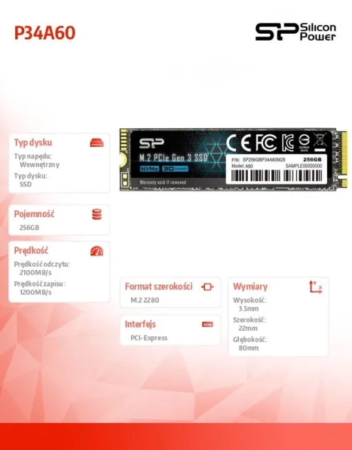 Silicon Power SSD drive A60 256GB M.2 PCIe 2100/1200 MB/s NVMe - Image 2