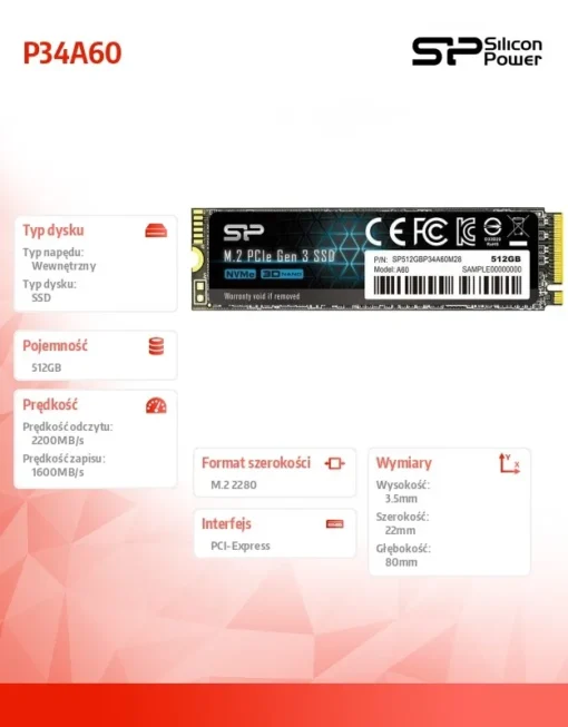 Silicon Power SSD drive A60 512GB M.2 PCIe 2200/1600 MB/s NVMe - Image 2