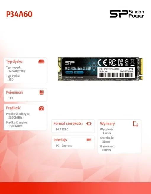 Silicon Power SSD drive P34A60 1TB PCIE M.2 NVMe 2200/1600 MB/s - Image 2