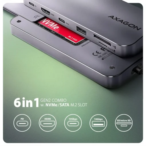 AXAGON HMC-6GM2 USB hub 6in1 10Gbps HDMI M.2 NVME PD - Image 2