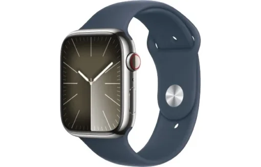 Apple Watch Series 9 GPS + Cellular 45mm Silver Stainless Steel Case with Storm Blue Sport Band - S/M