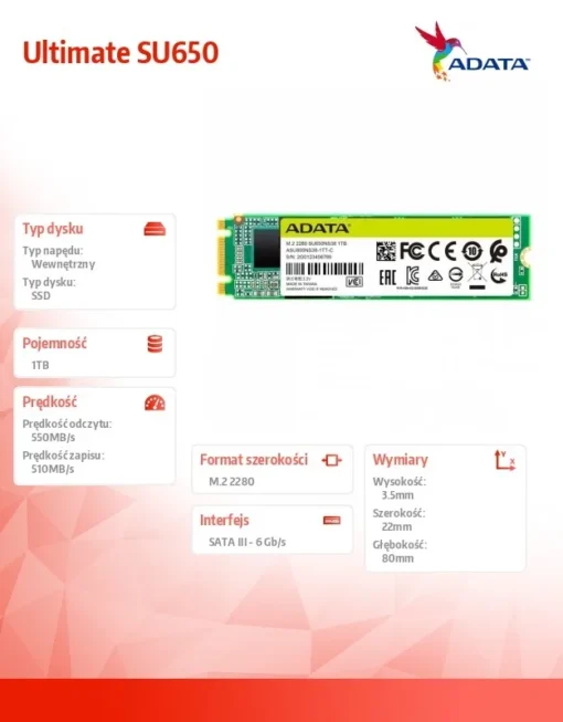 Adata Drive SSD Ultimate SU650 1TB M.2 2280 TLC 3D SATA - Image 5