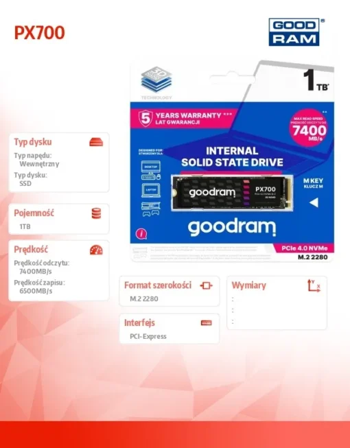 GOODRAM SSD PX700 1TB M.2 PCIe 2280 4x4 7400/6500MB/s - Image 2