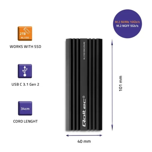 Qoltec Enclosure for drive M.2 SATA, NVMe, USB C, 2TB - Image 3