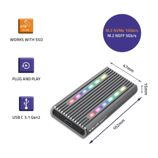 Qoltec Enclosure for drive M.2 SSD, SATA, NVMe, RGB LE - Image 3