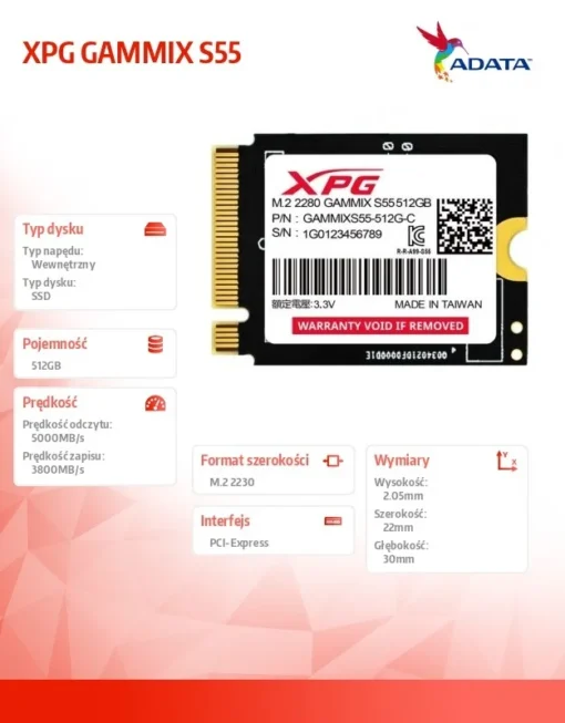 Adata XPG GAMMIX S55 SSD 512GB PCIe 4x4 5/3.8MB/s M2230 - Image 3