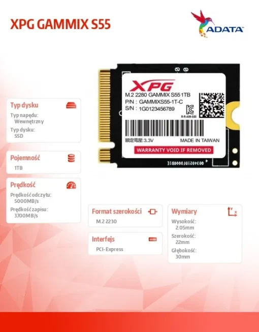 Adata XPG GAMMIX S55 SSD 1TB PCIe 4x4 5/3.7MB/s M2230 - Image 3