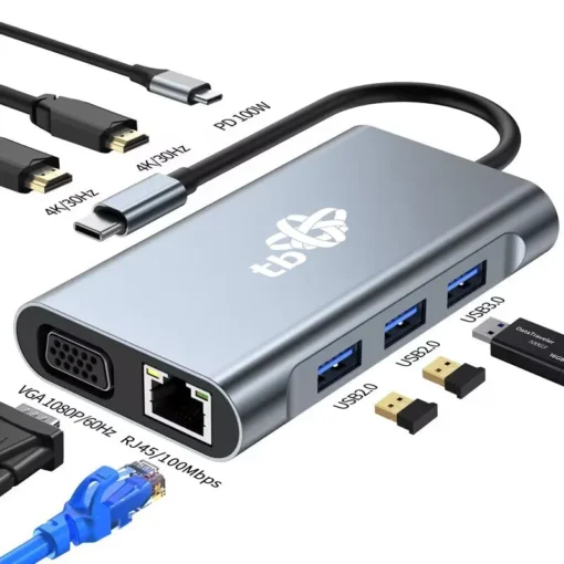 TB HUB 8in1 Adapter USB C HDMI x2 USB VGA RJ45 PD - Image 2