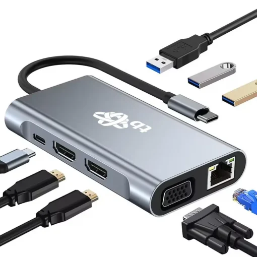 TB HUB 8in1 Adapter USB C HDMI x2 USB VGA RJ45 PD - Image 3