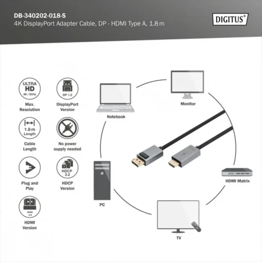 Digitus DP to HDMI Adapter Cable DB-340202-018-S - Image 3