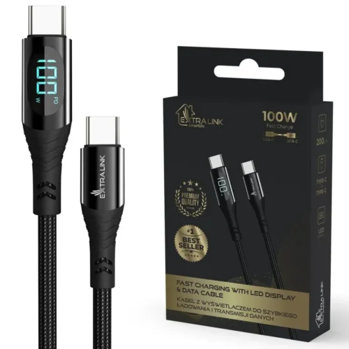 Extralink кабел USB Type-C to USB Type-C Smart Life оплетка 100W 2m черен with LED