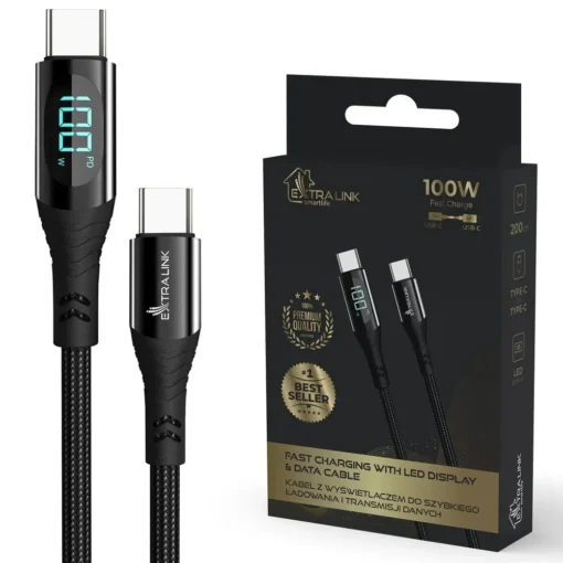 Extralink Cable USB Type-C to USB Type-C Smart Life Braided 100W 2m black with LED display