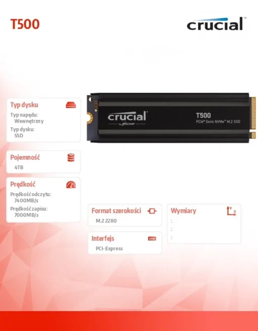 Crucial SSD T500 4TB M.2 NVMe 2280 PCIe 4.0 7400/7000 Radiator - Image 2