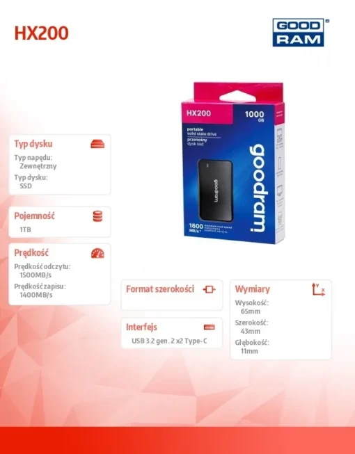 GOODRAM SSD drive HX200 1TB USB-C+A 1500/1400MB/s black - Image 2