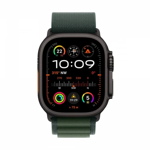 Apple Watch Ultra 2 GPS + Cellular 49 mm Black Titanium Case with Dark Green Alpine Loop - Large - Image 2