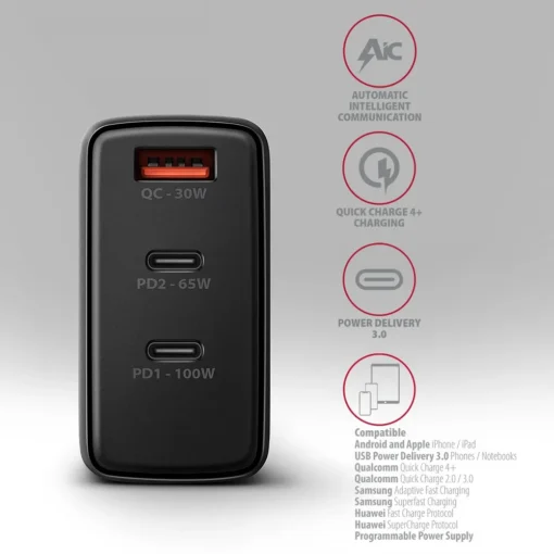 AXAGON ACU-DPQ100 GaN 3xport wall charger 100W black - Image 4