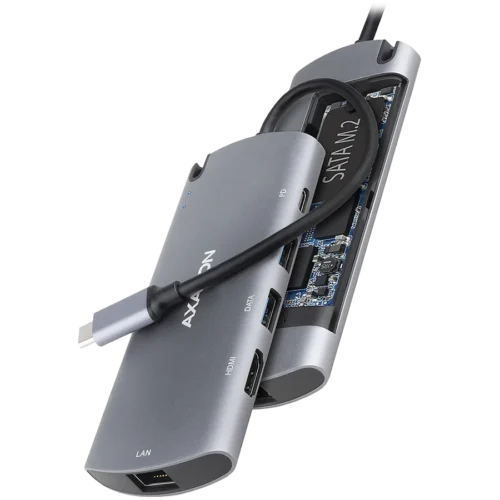 USB хъб Axagon HMC-6M2 SUPERSPEED USB-C COMBO 6IN1 HUBMultiport USB 3.2 Gen 1 hub. SATA M.2 HDMI Gigabit LAN and Power D