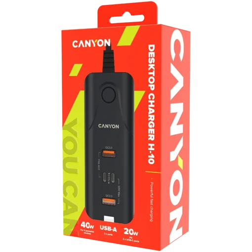 Зарядно за мобилен телефон CANYON charger H-10 PD 20W QC 3.0 18W 2USB-A 2USB-C Desk Black - Image 2