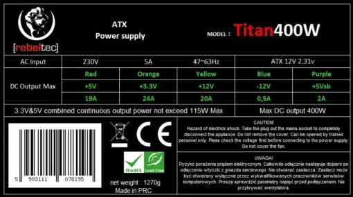 Rebeltec захранващ блок ATX ver2.31 TITAN 400W - Image 4