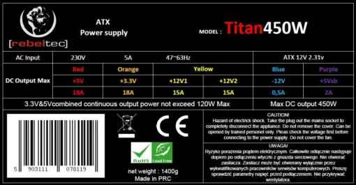 Rebeltec Power supplay ATX ver2.31 TITAN 450W - Image 4