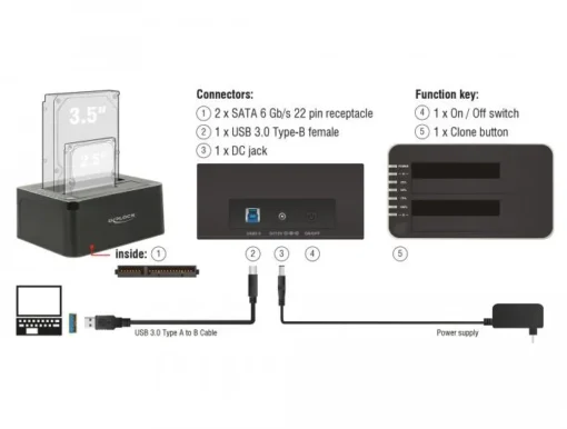 Външна докинг станция Delock 62661, за 2.5"/3.5" HDD/SSD, USB 3.0, Функция за клониране, Черен - Image 2