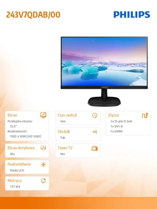 Philips Monitor 23.8 243V7QDAB IPS DVI HDMI Speakers - Image 4