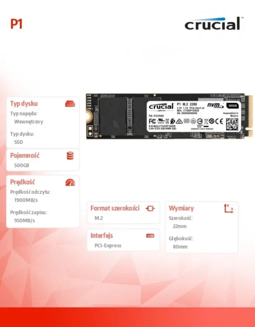 Crucial SSD P1 500GB M.2 PCIe NVMe 2280 1900/950MB/s - Image 4