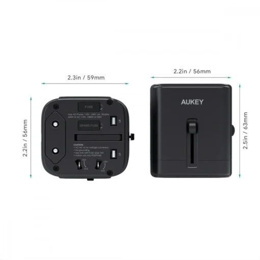 AUKEY PA-TA01 Black Universal Traver Adapter 2xUSB+1xUSB C 7.8A Fits in 150 Countries - Image 3