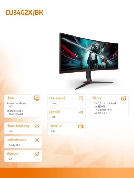 AOC Display CU34G2X/BK 34 inch VA 144Hz 1ms HDMIx2 DP Height Adjustment - Image 2