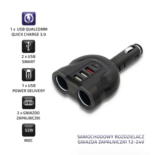 Qoltec зарядно за кола52W,2xUSB,USB QC,USB-C PD,2xcig.socke - Image 2