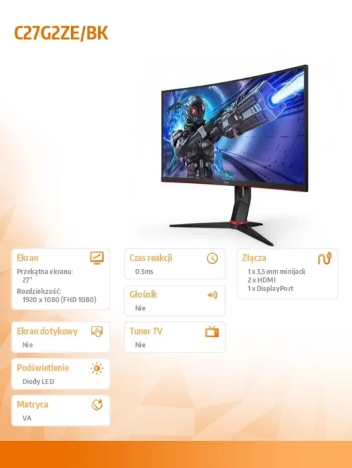 AOC Monitor C27G2ZE 27 inch VA 240 Hz Curved HDMIx2 DP - Image 2