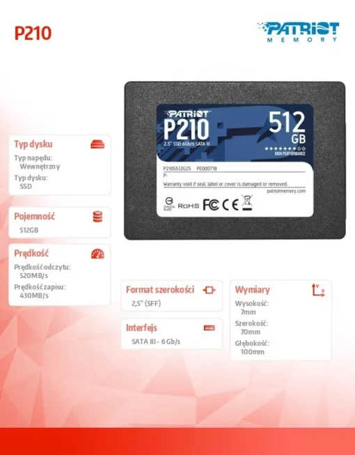 Patriot SSD диск 512GB P210 520/430 MB/s SATA III 2.5 - Image 3