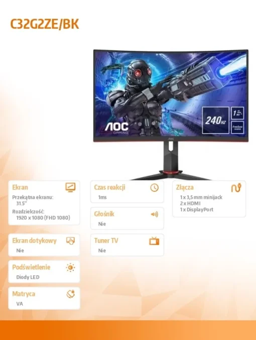 AOC Monitor C32G2ZE/BK 31.5 inch ,VA Curved 240Hz HDMIx2 DP - Image 2