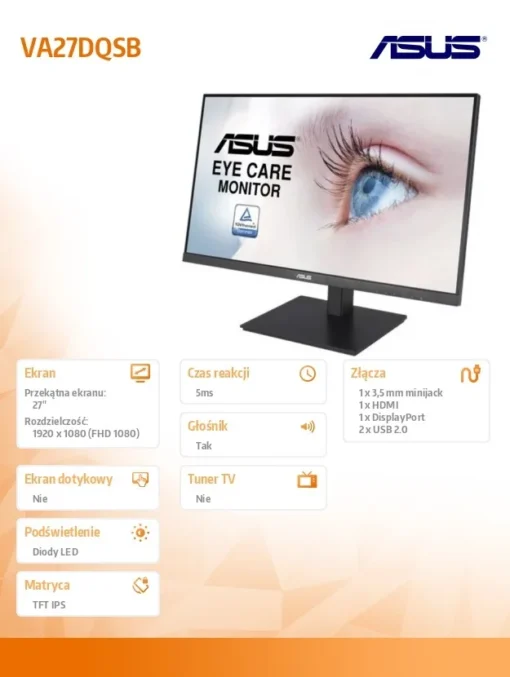 Asus Monitor 27 inch VA27DQSB IPS DP HDMI VGA USBx2 PIVOT Speaker - Image 2